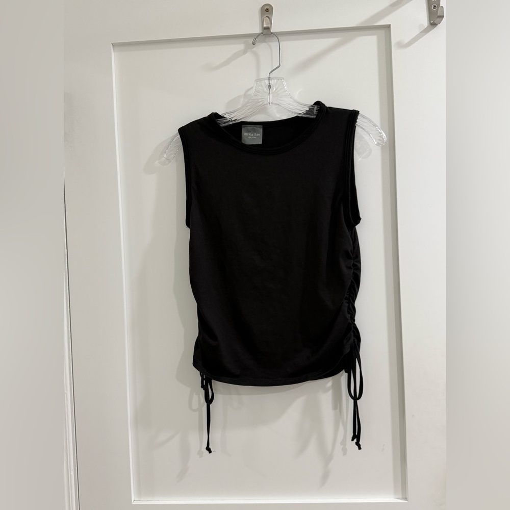 Olivia Rae black soft polyester tank top w/ ruched sides + tie accents